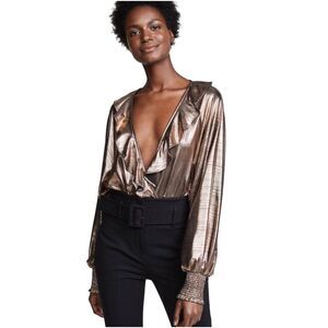 Retrofete Gold Fiona Dolman Sleeve Deep V Neckline Bodysuit Smocked Cuffs S